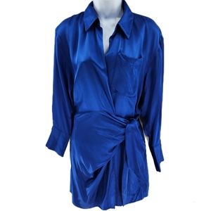 Zara Royal Blue Satin Long Sleeve Wrap Mini Dress Womens Size XSmall